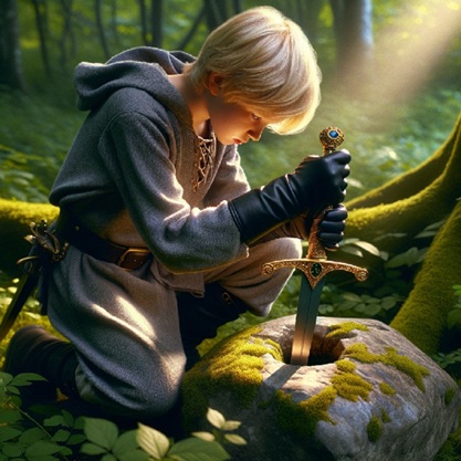 Gil pulls the jeweled dagger from the stone.